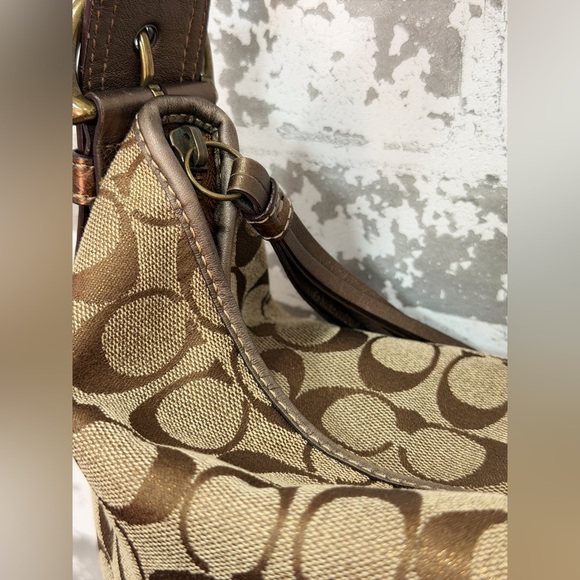 Coach Lurex Hobo Bag Metallic Tan Logo Print 8K37 | Gold Python Handle | EUC - Picture 7 of 10